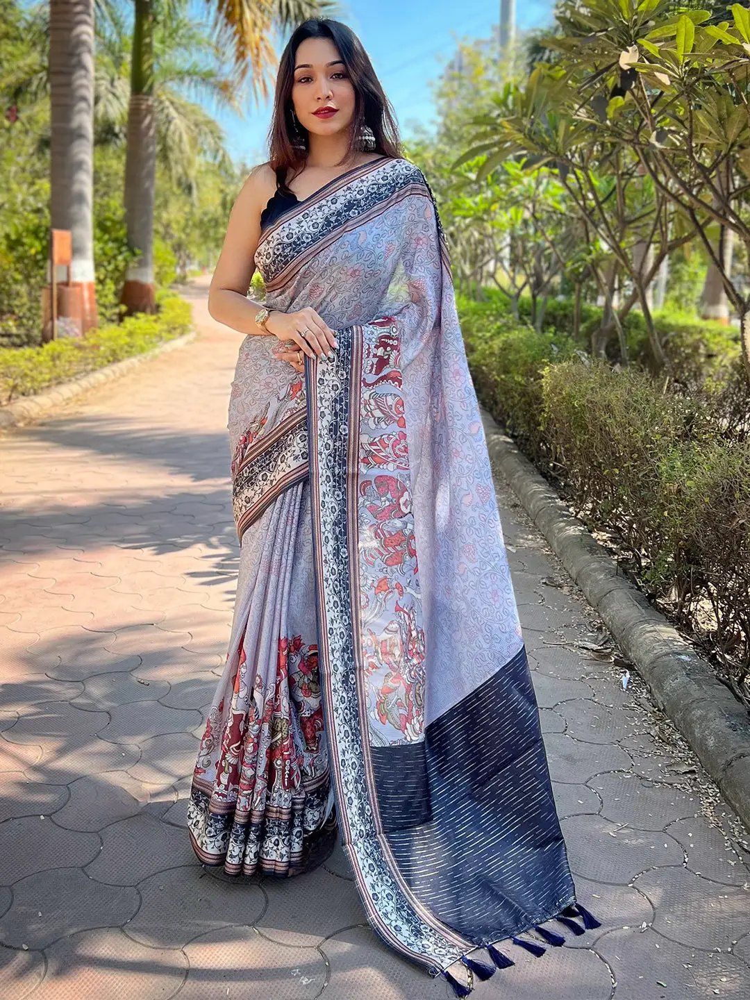 Lavender Satin Kota Doria Saree with Kalamkari Print