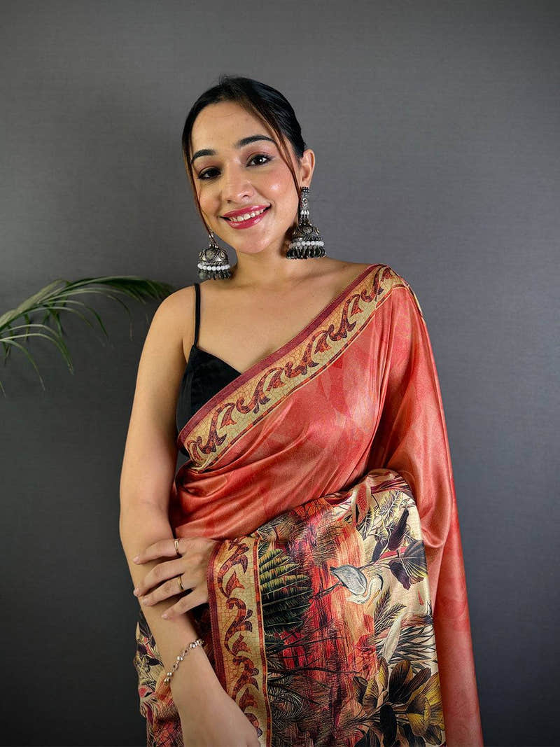 Red Soft Dola Silk Printed Saree