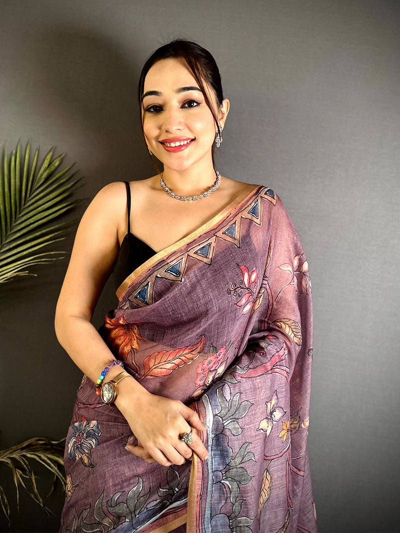 Stylish Floral Hand Art Linen Saree