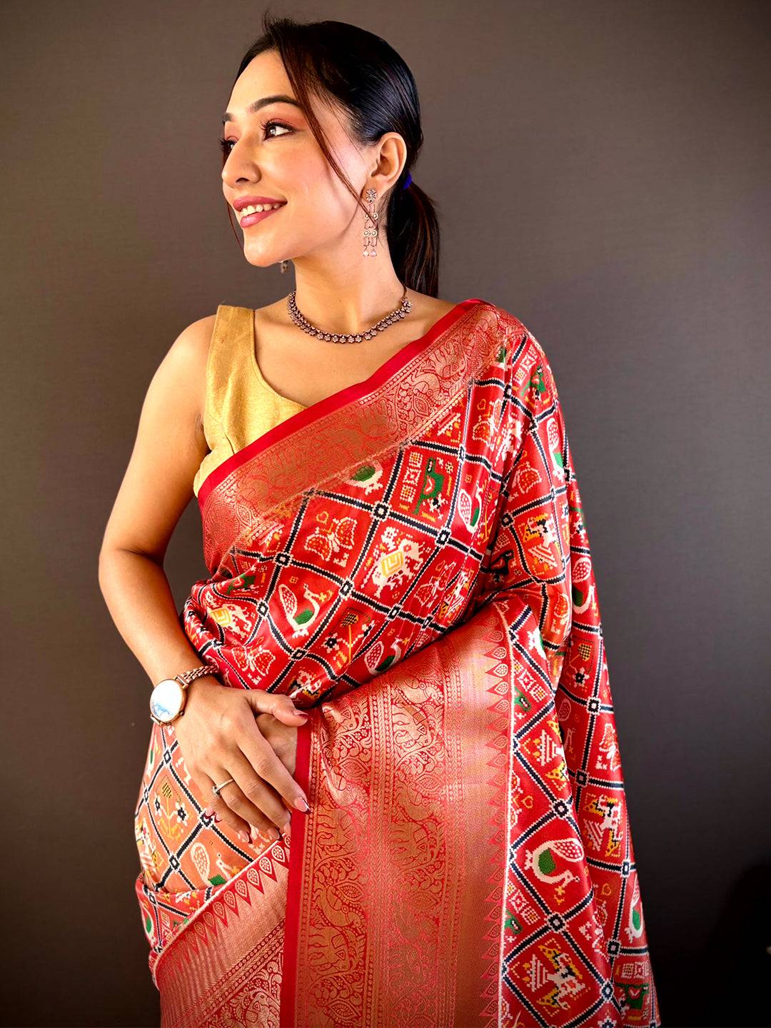 Ombre Red Soft Silk Patola Print Saree

