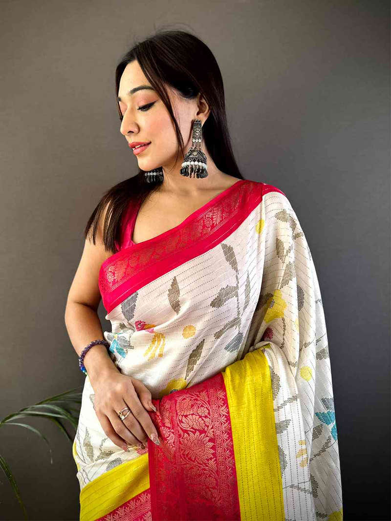 Pink Dola Silk Bird Print Saree