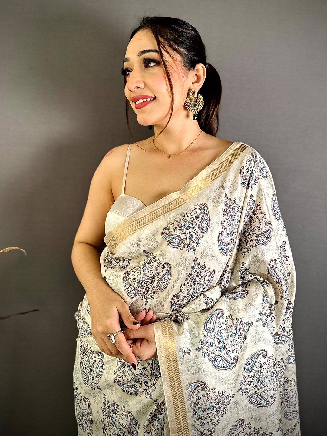 Tussar Phulkari Paisley Floral Print Saree