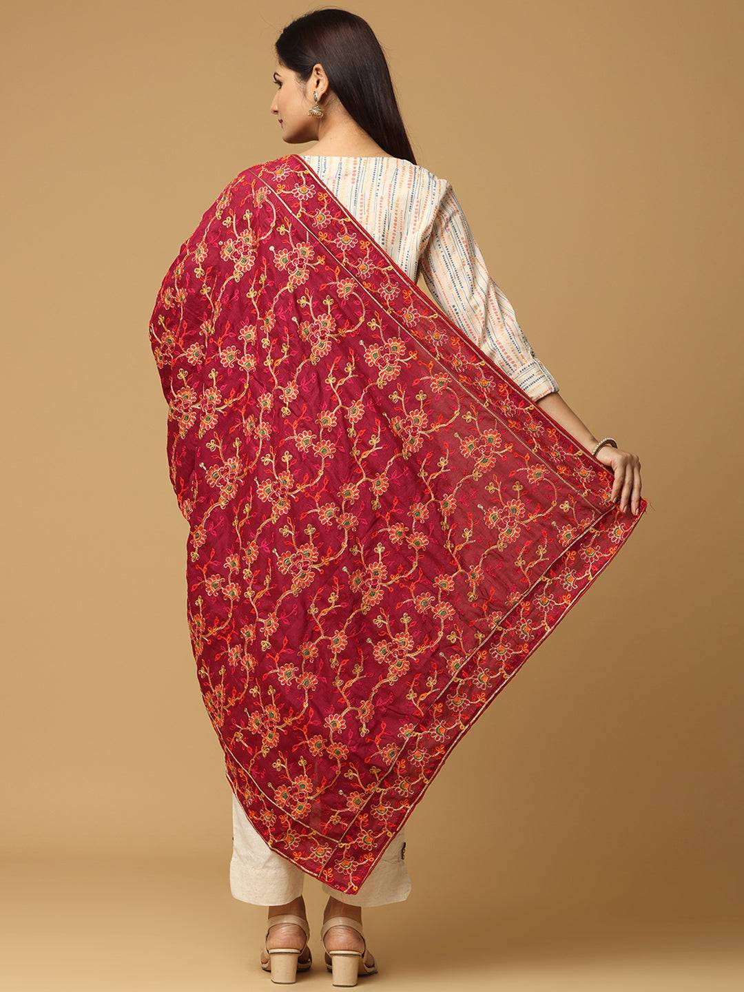 Poly Chiffon Wine Colour Pashmina Threadwork Dupatta