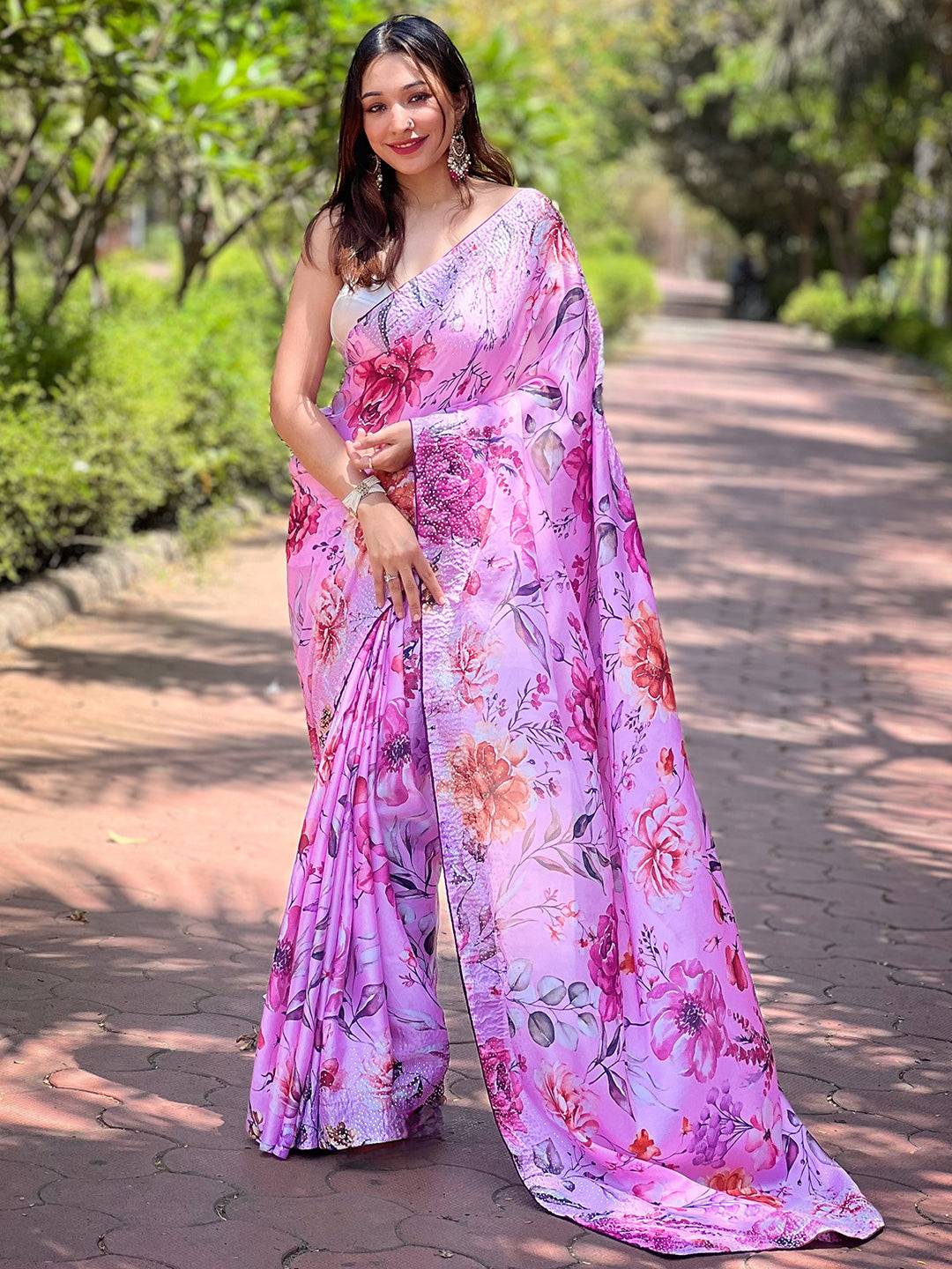 Model showcasing Satin Georgette Pink Floral Digital Print Saree