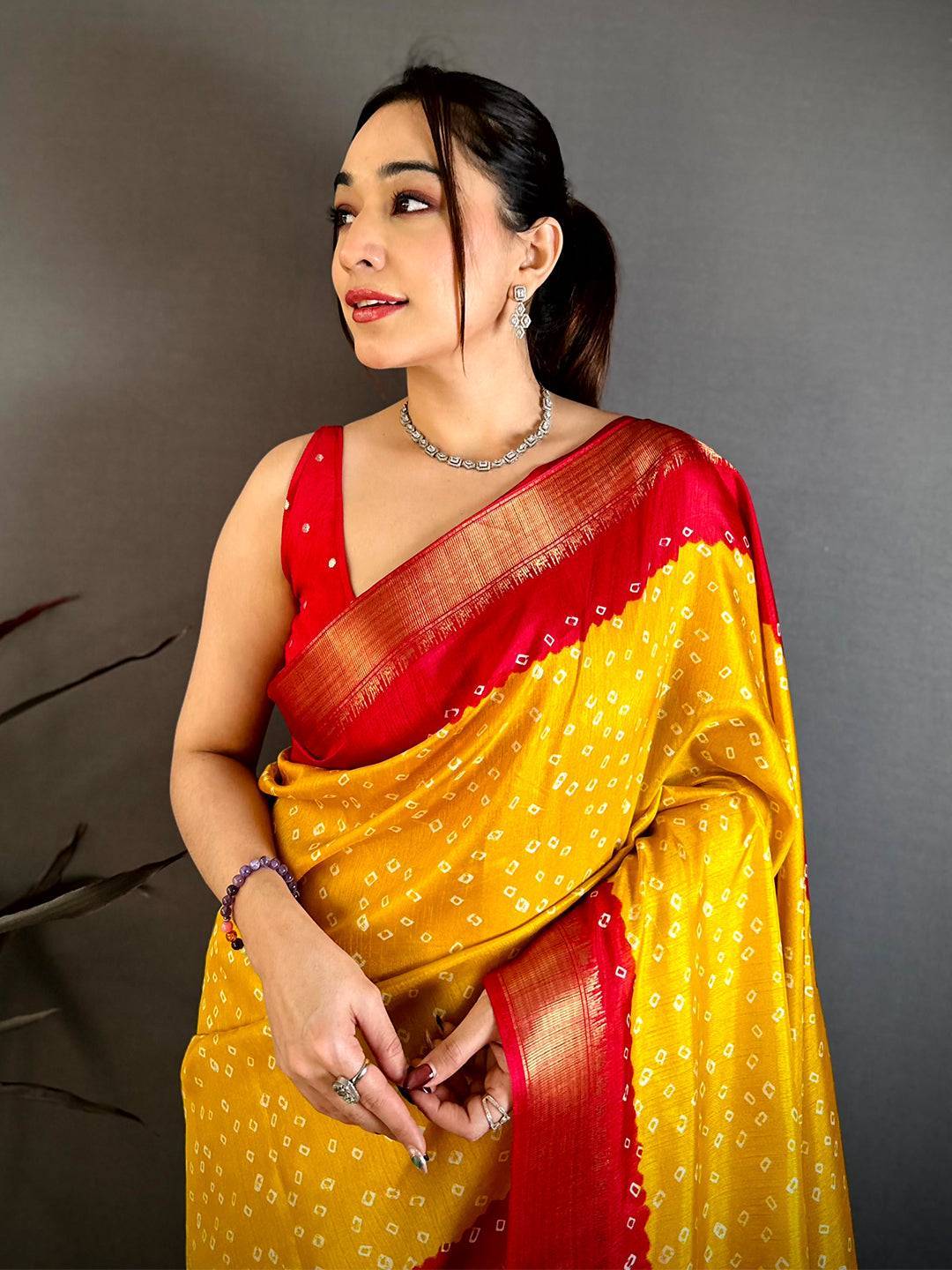 Yellow Bandhej Fusion Dola Print Saree