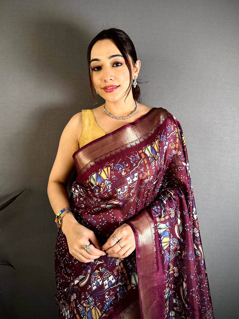 Brown Pen Kalamkari Soft Dola Zari Saree