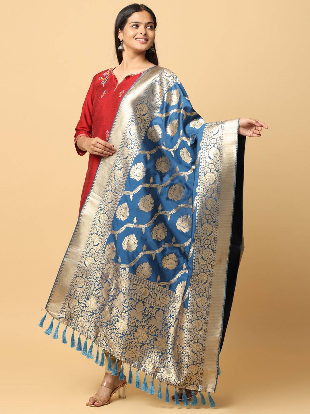 Elegant Royal Blue Silk Blend Dupatta with Resham Tassels