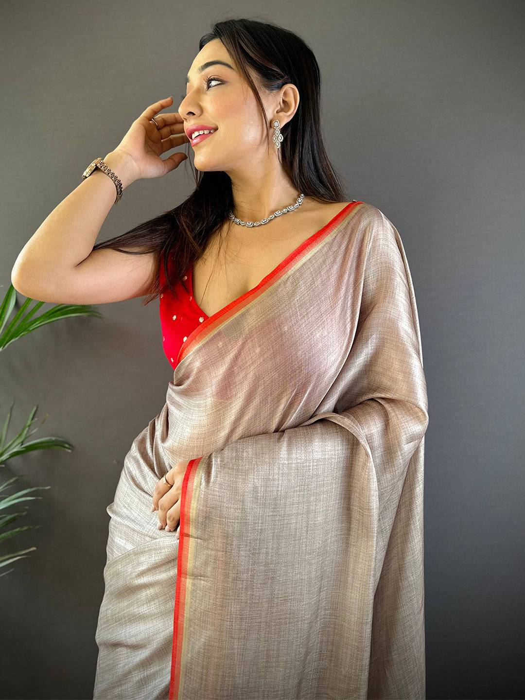 Radiant Ember Satin Tissue Saree  Radiant Ember Satin Tissue Saree