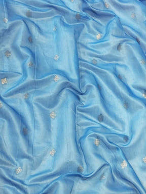 Blue slub silk fabric with delicate zari and Lakhnavi patterns