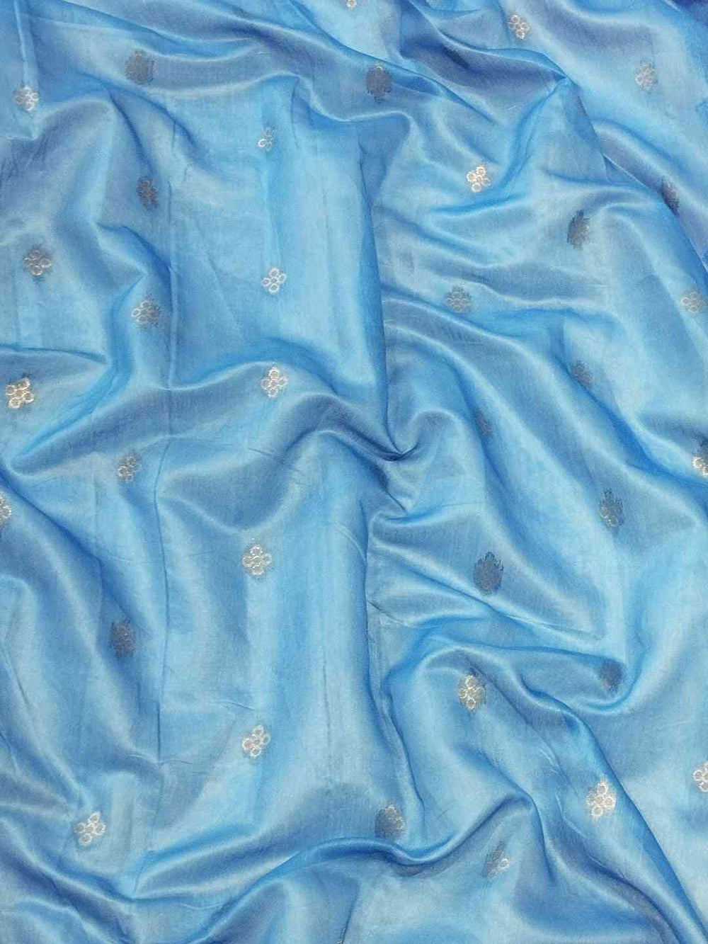 Blue slub silk fabric with delicate zari and Lakhnavi patterns
