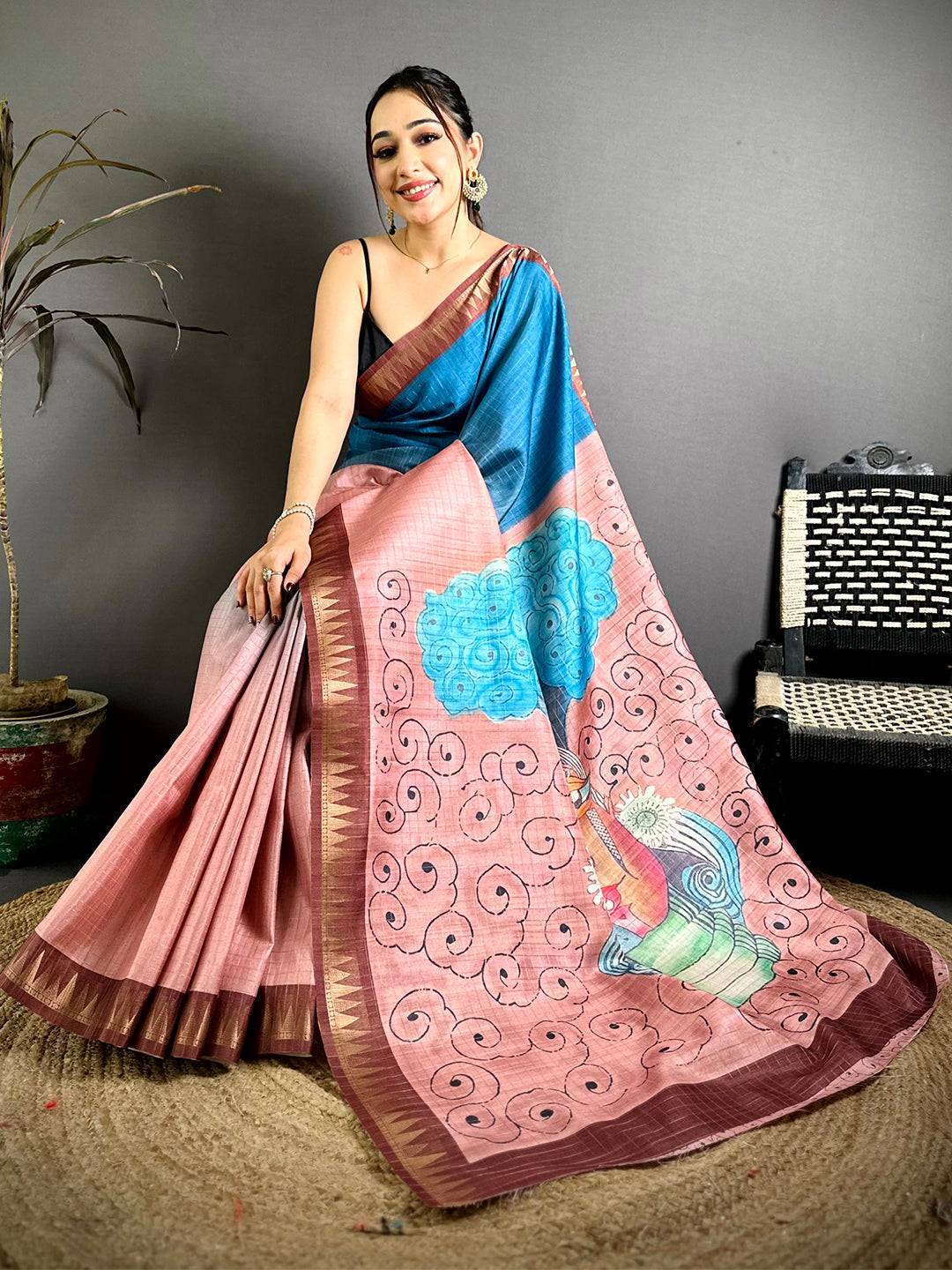 Elegant Half Half Tussar Zari Checks Saree