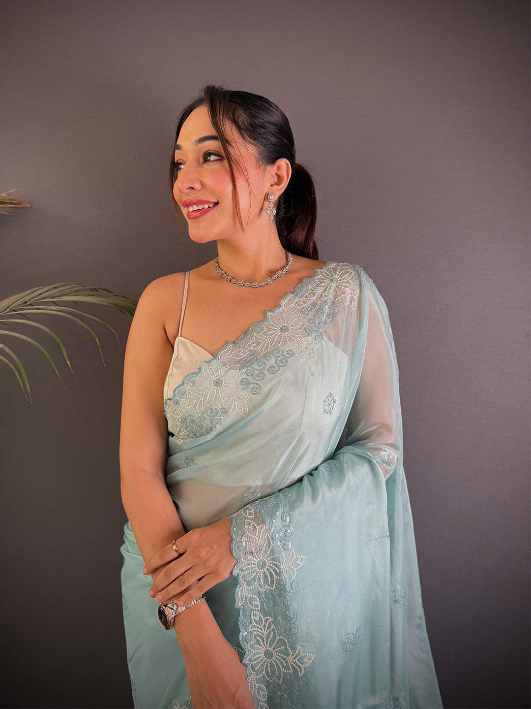 Sky Blue Art Silk Sith Embroidery Work Saree