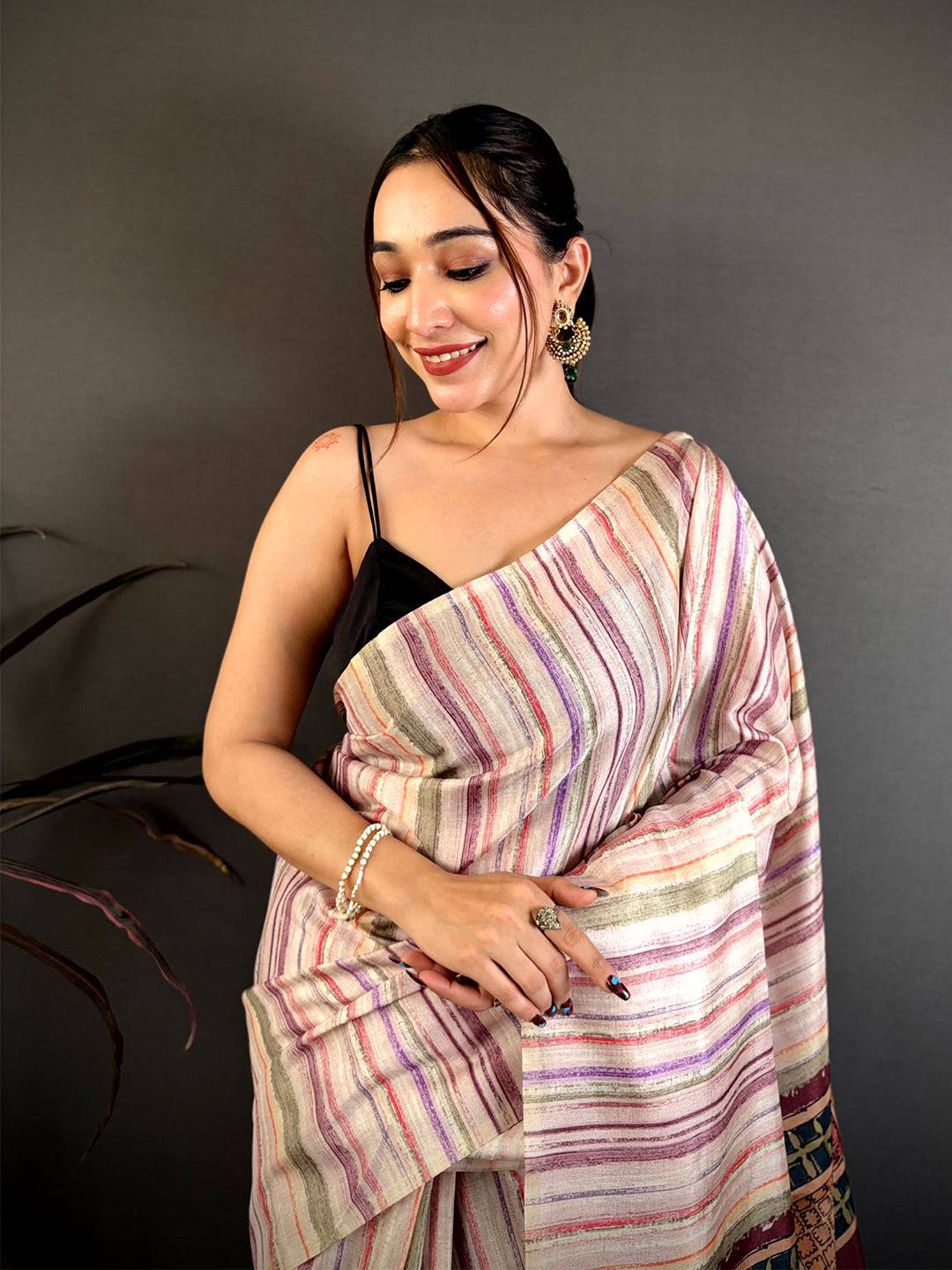 Designer Kalamkari Stripe Pattern Saree