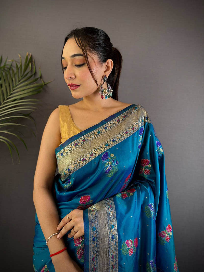 Sky Soft Silk Flower Pot Minakari Saree