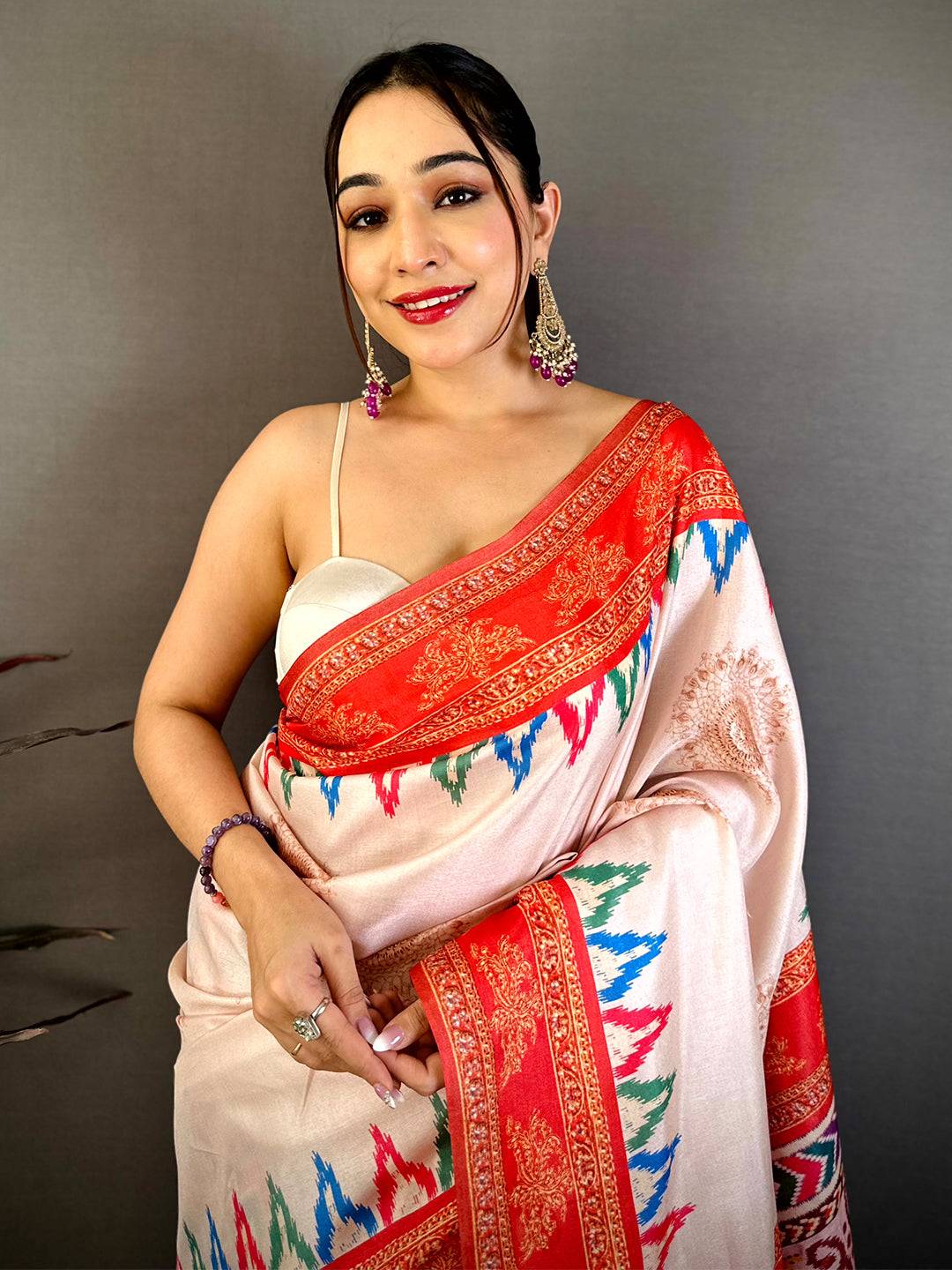 Ivory Tanjore Ikkar Digital Tussar Saree