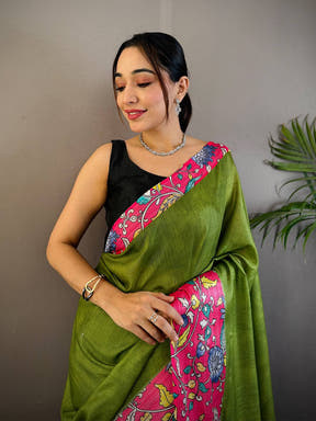 Olive Linen Kalamkari Print Saree