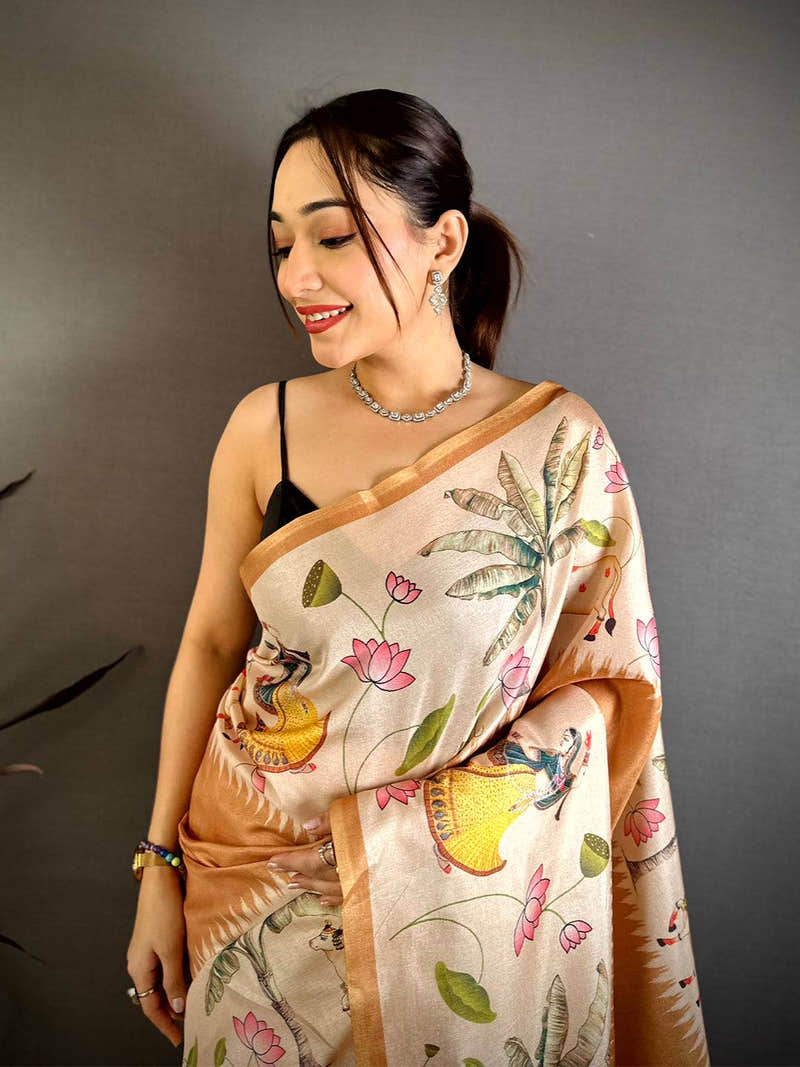 Stylish Pichwai Border Semi Tussar Saree