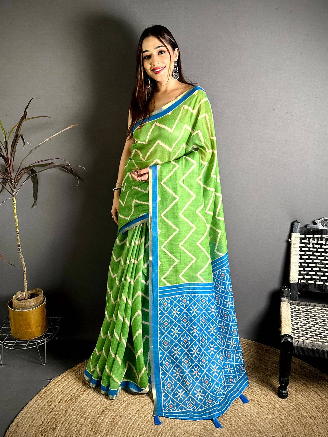 Exclusive Green Ikkat Print Linen Saree