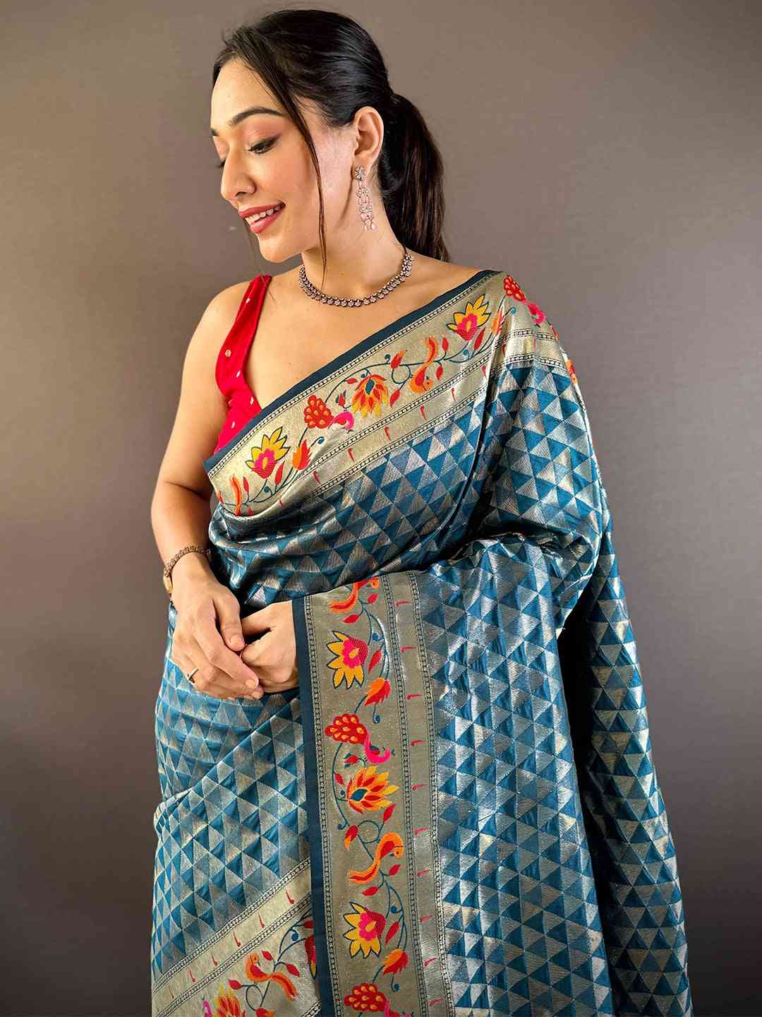 Denim Silk Blend Woven Zari Work Paithani Saree

