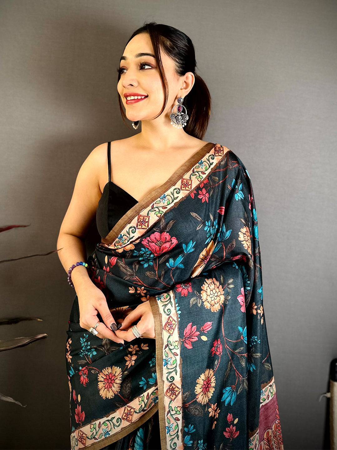 Black Tussar Pen Kalamkari Print Saree