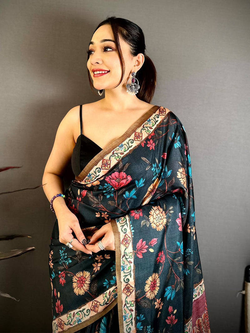 Black Tussar Pen Kalamkari Print Saree