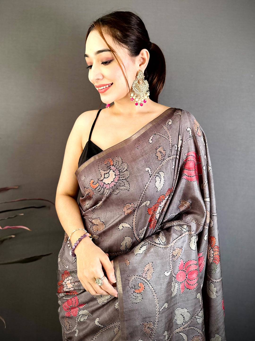 Taupe Brown Kalamkari Soft Zarna Silk Saree