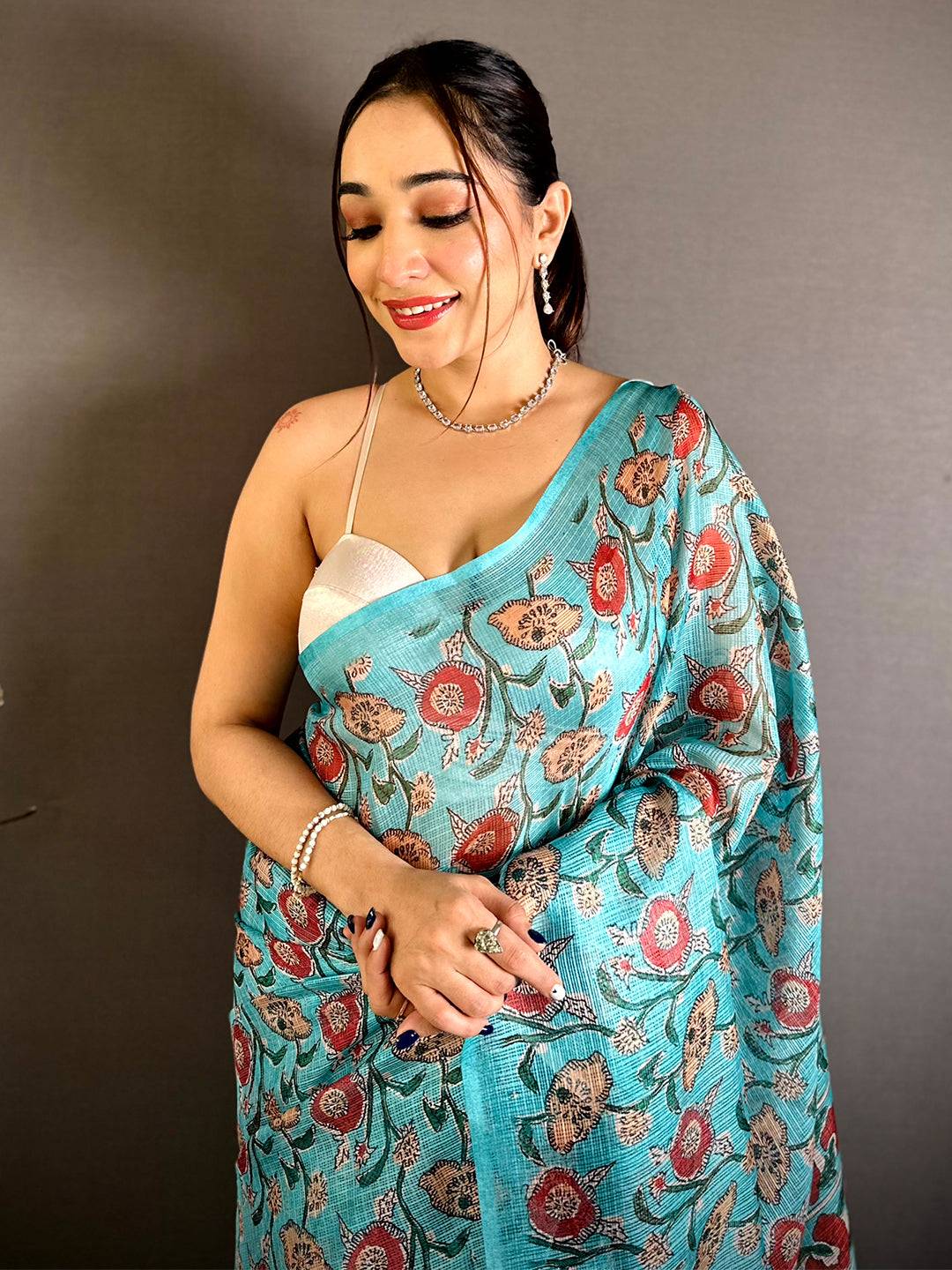 Aqua Kota Doriya Floral Print Saree