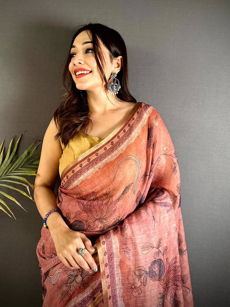 Opulent Dark Floral Linen Saree