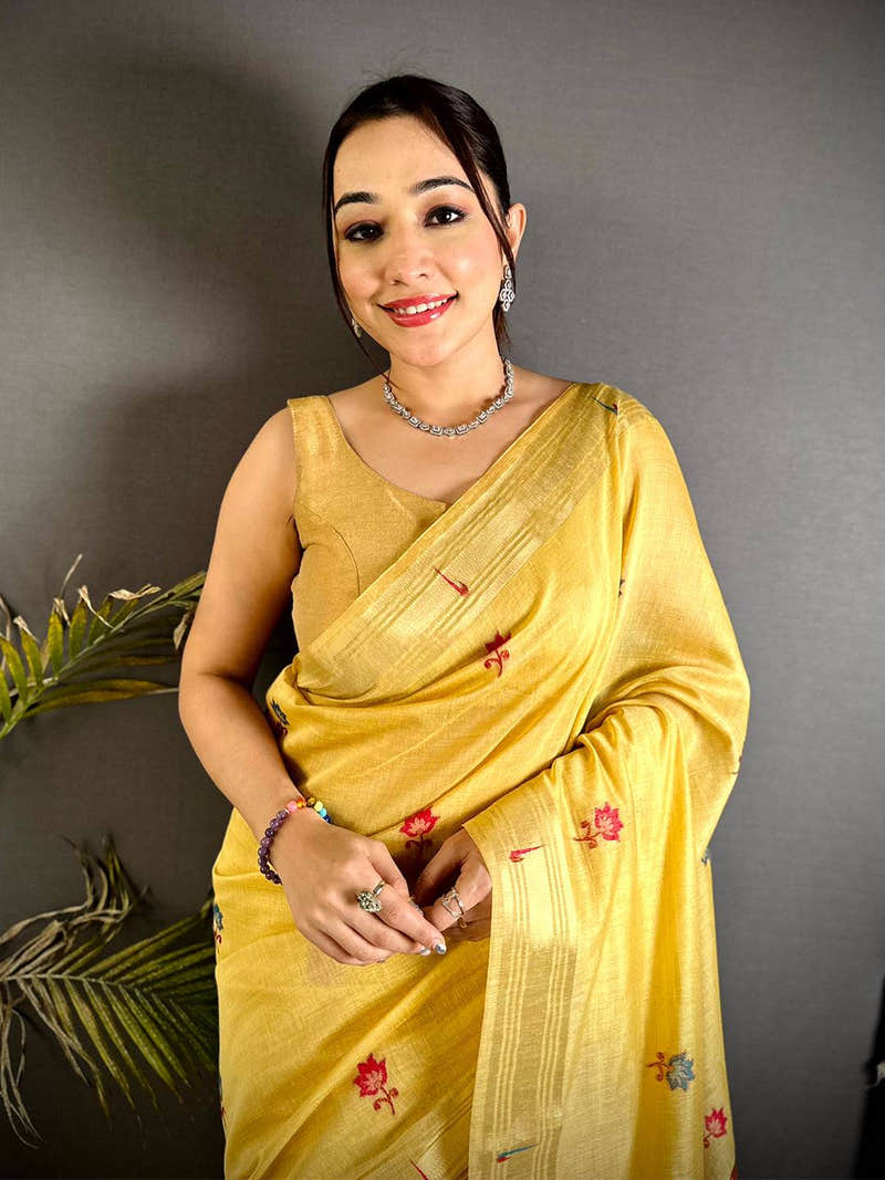 Stylish Minakari Butti Khadi Linen Saree