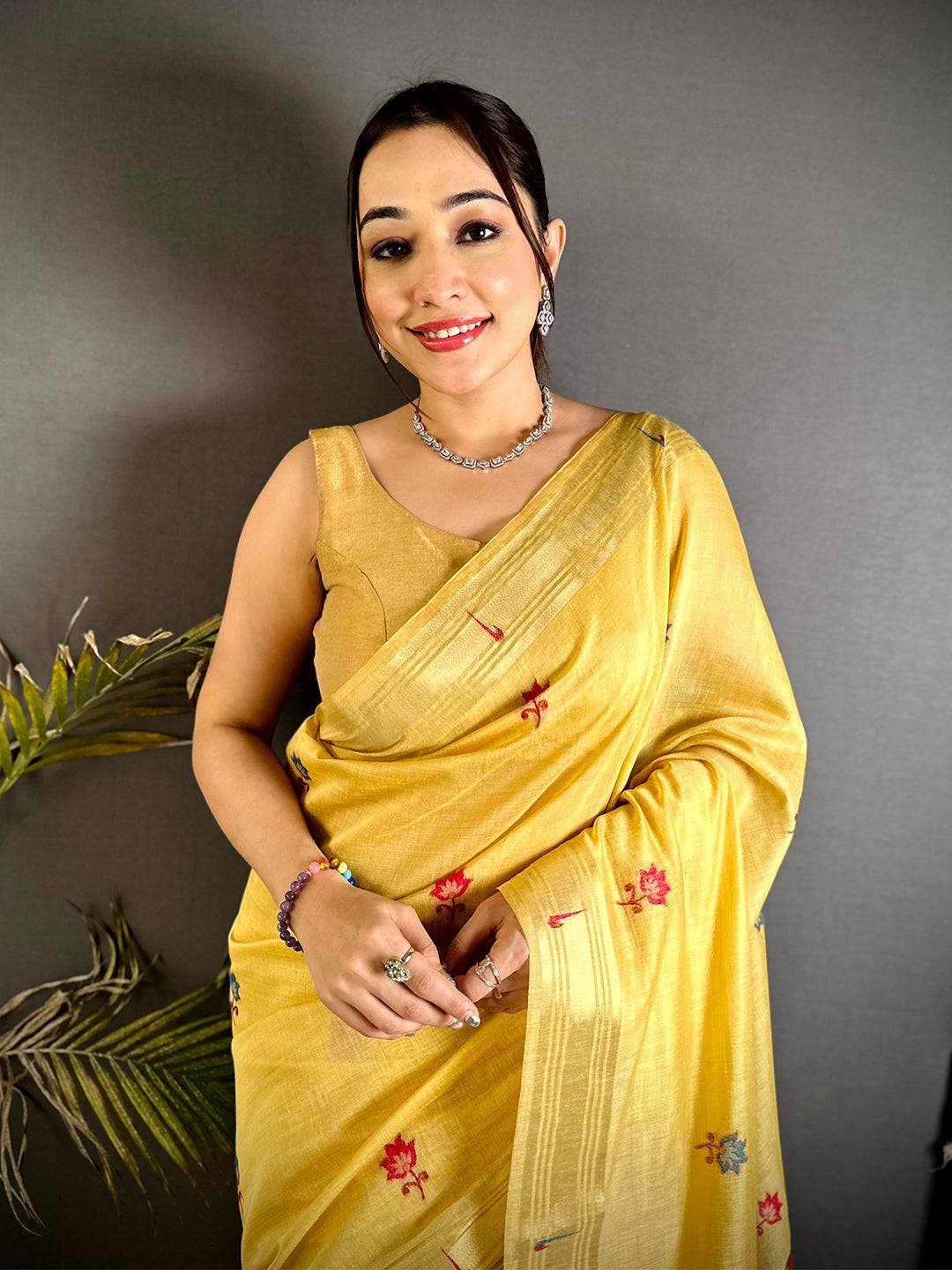 Stylish Minakari Butti Khadi Linen Saree