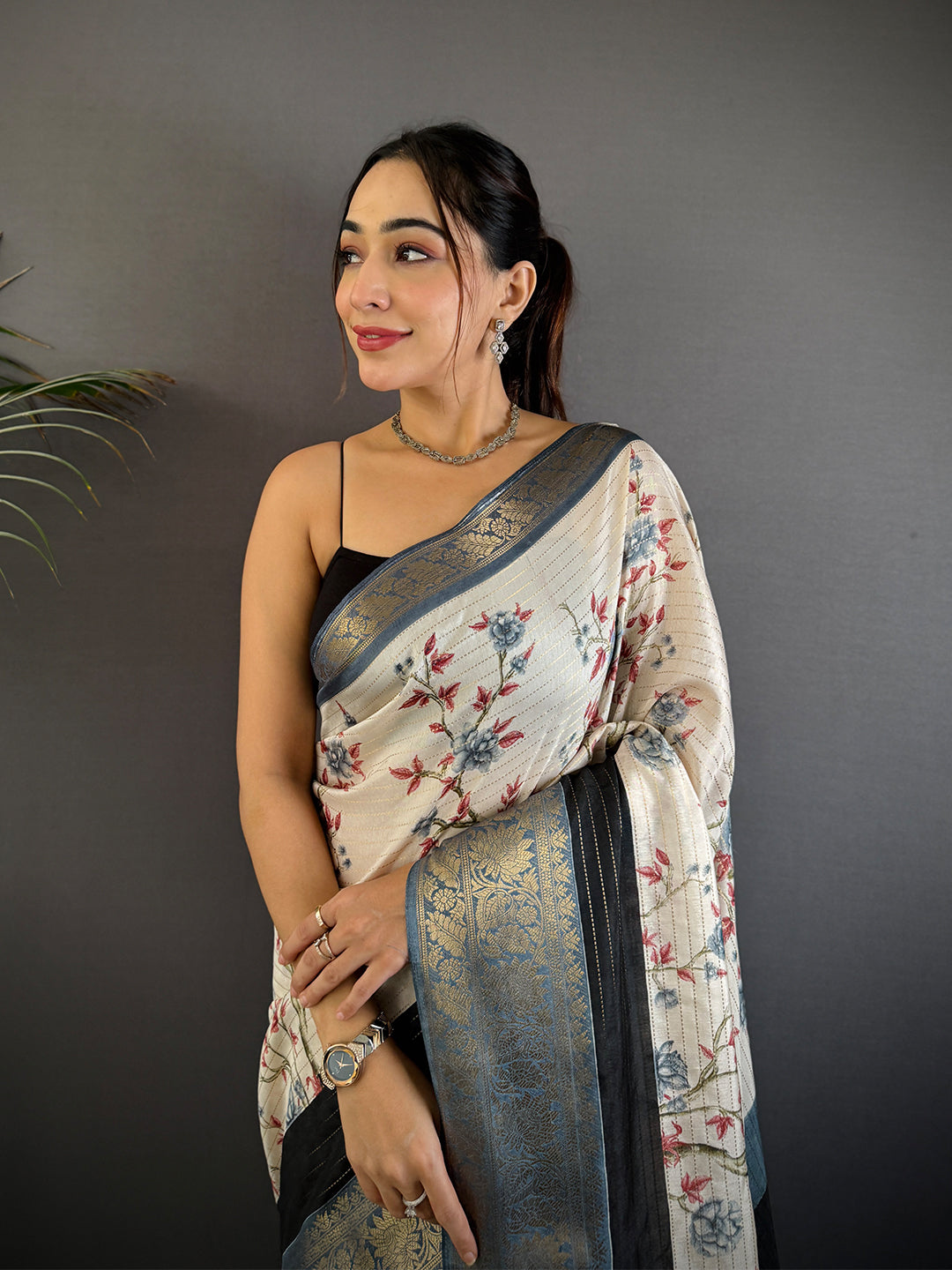 Grey Soft Dola Silk Zari Katha Saree