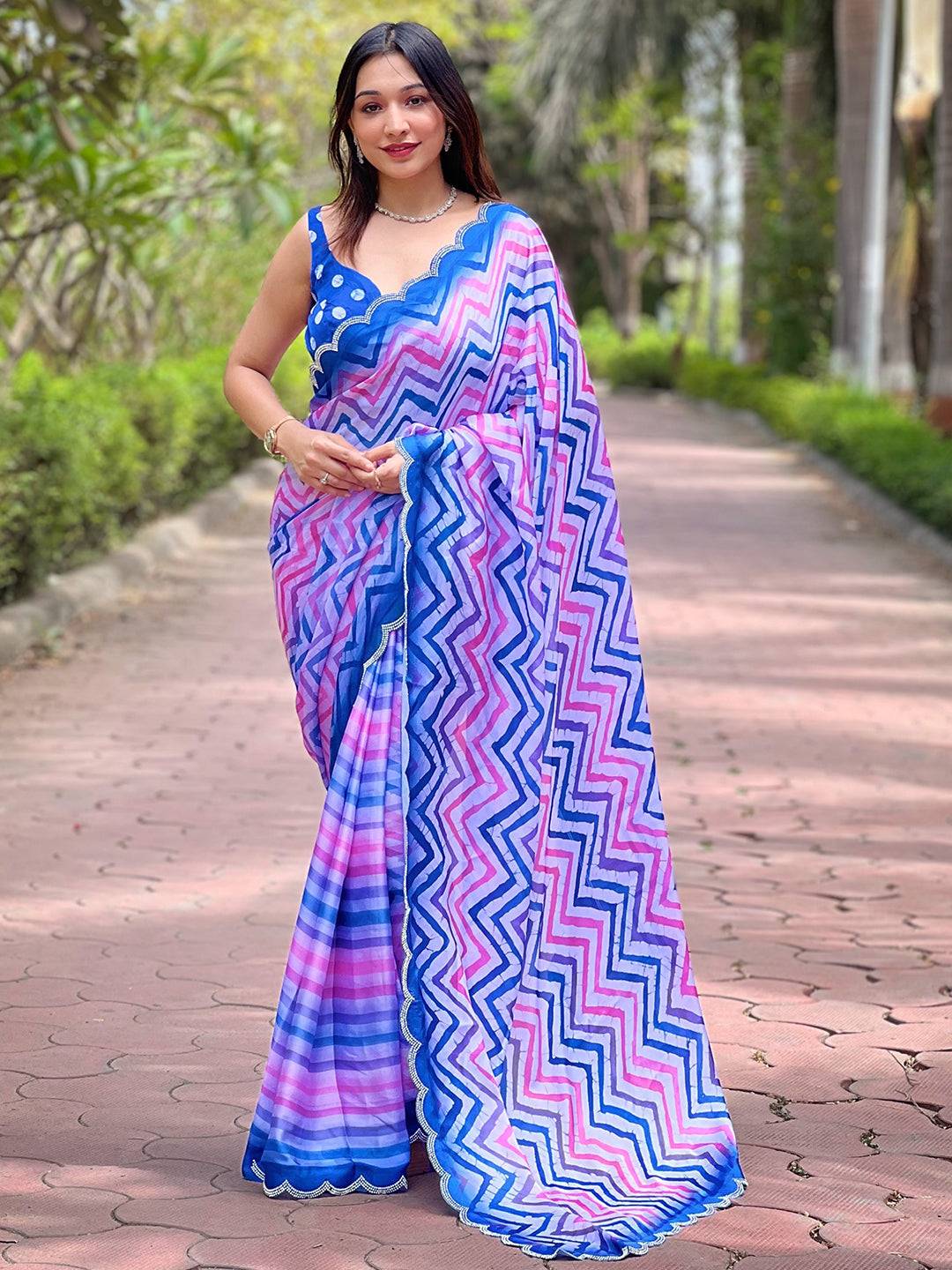 Stylish Satin Georgette Leheriya And Striped Print Saree