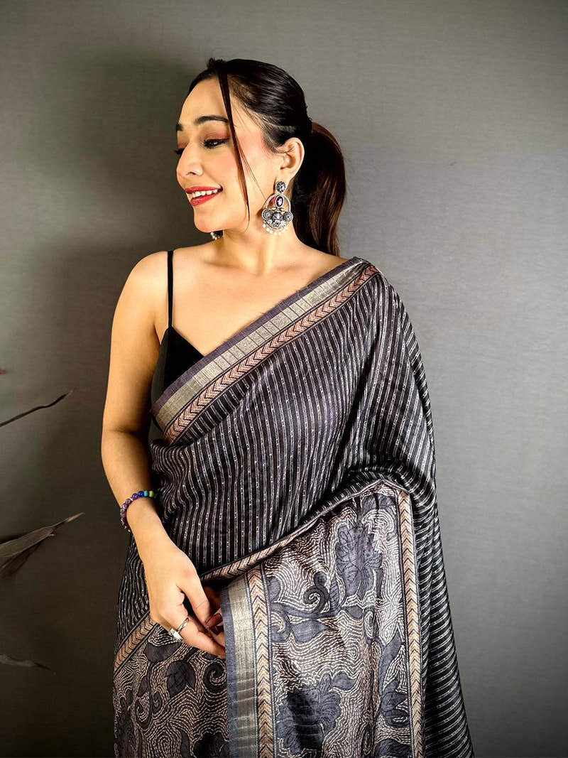 Charcoal Grey Digital Katha Work Saree