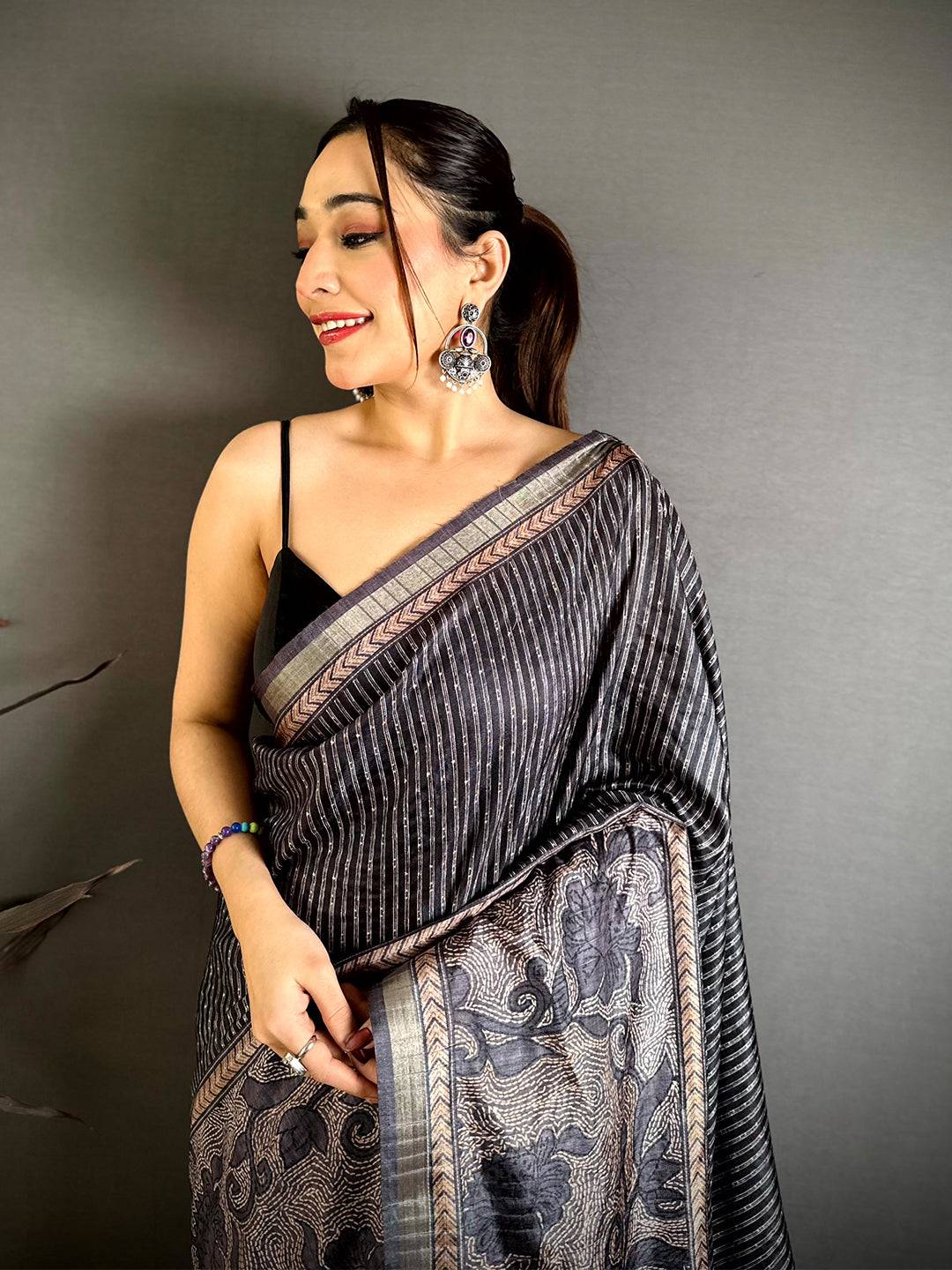 Charcoal Grey Digital Katha Work Saree