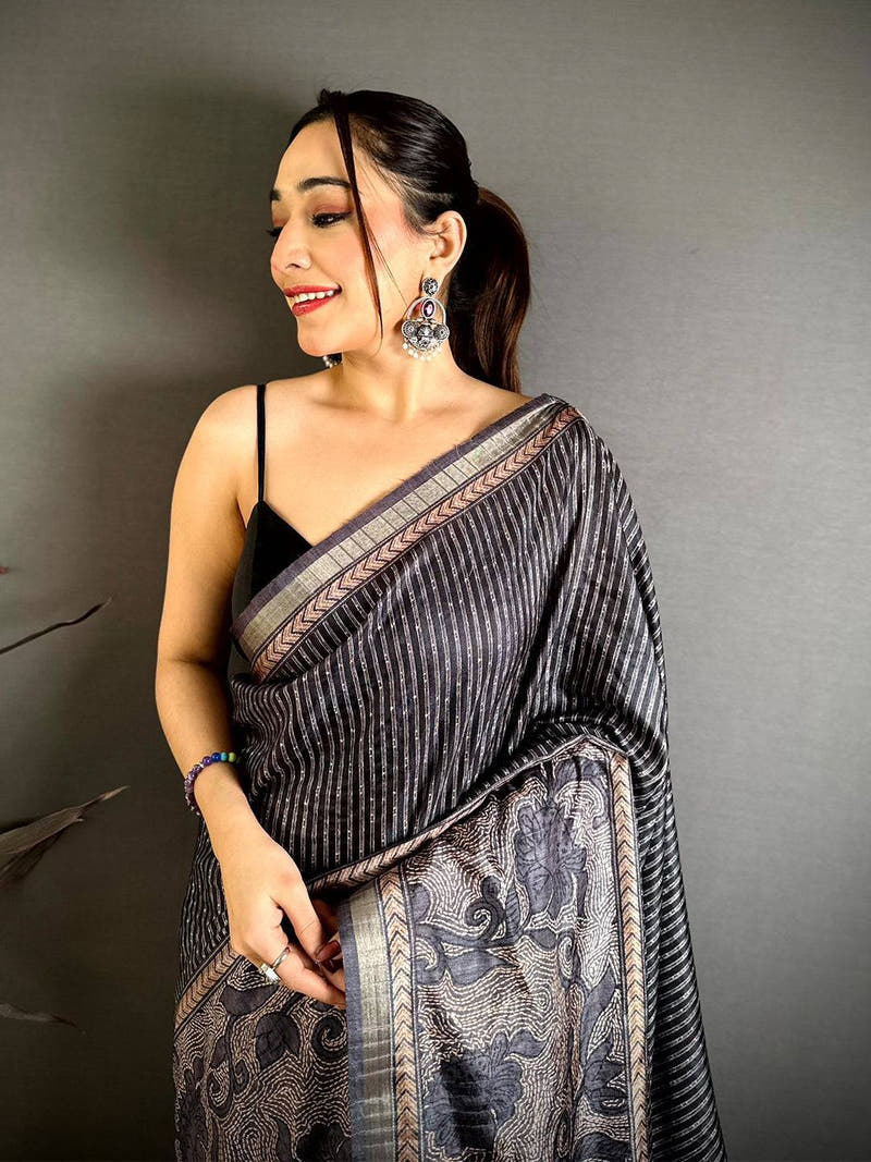 Charcoal Grey Digital Katha Work Saree