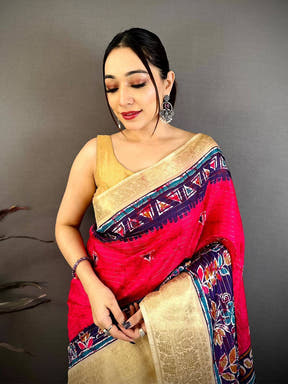 Rani Pink Dola Kalamkari Zari Stripe Saree