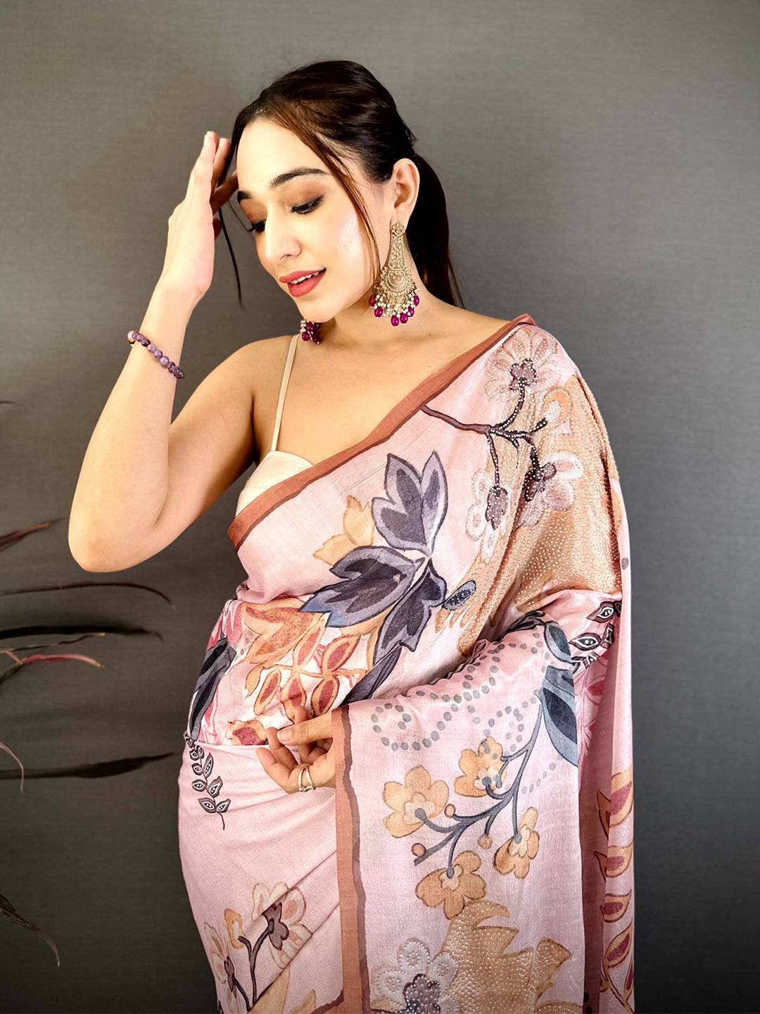 Light Pink Stone Work Floral Chinnon Saree
