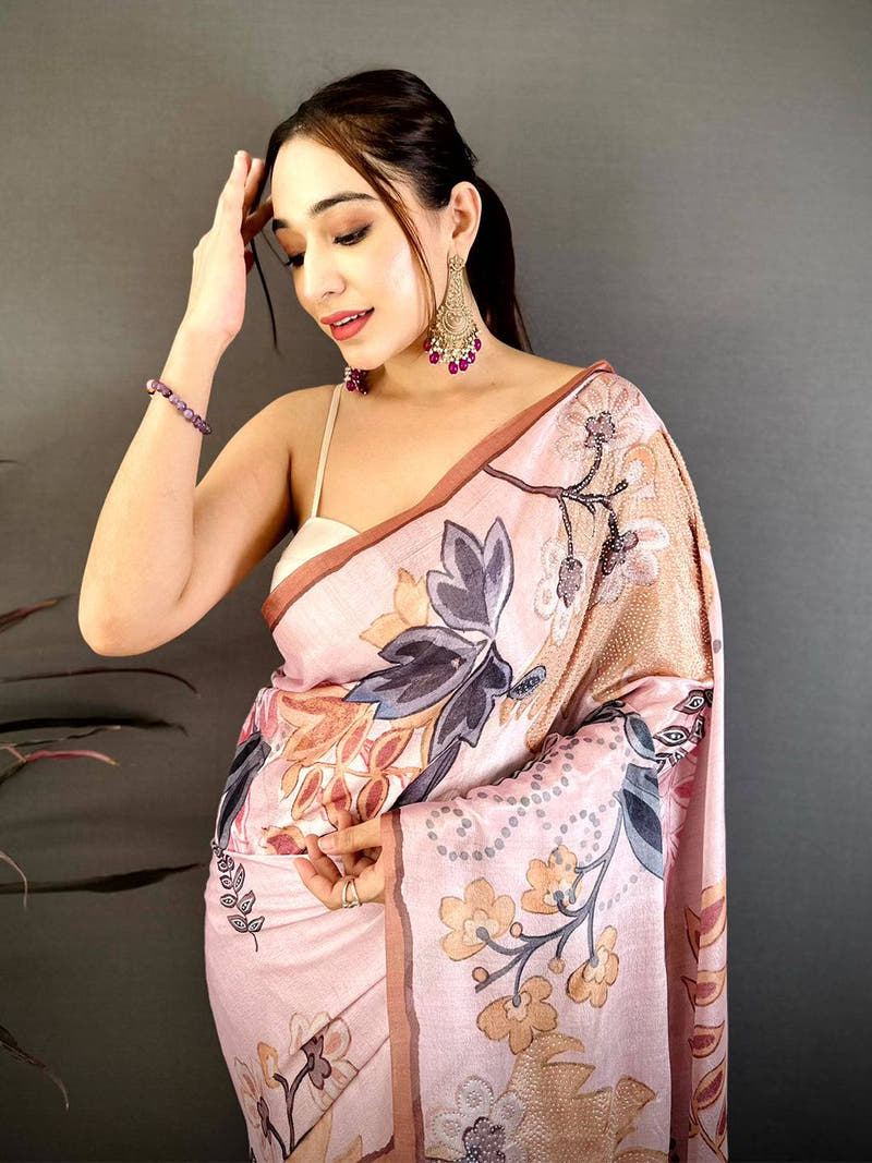 Light Pink Stone Work Floral Chinnon Saree
