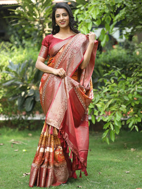 Orange Ajrak Block & Hand Kalamkari Print Pure Viscose Saree 
