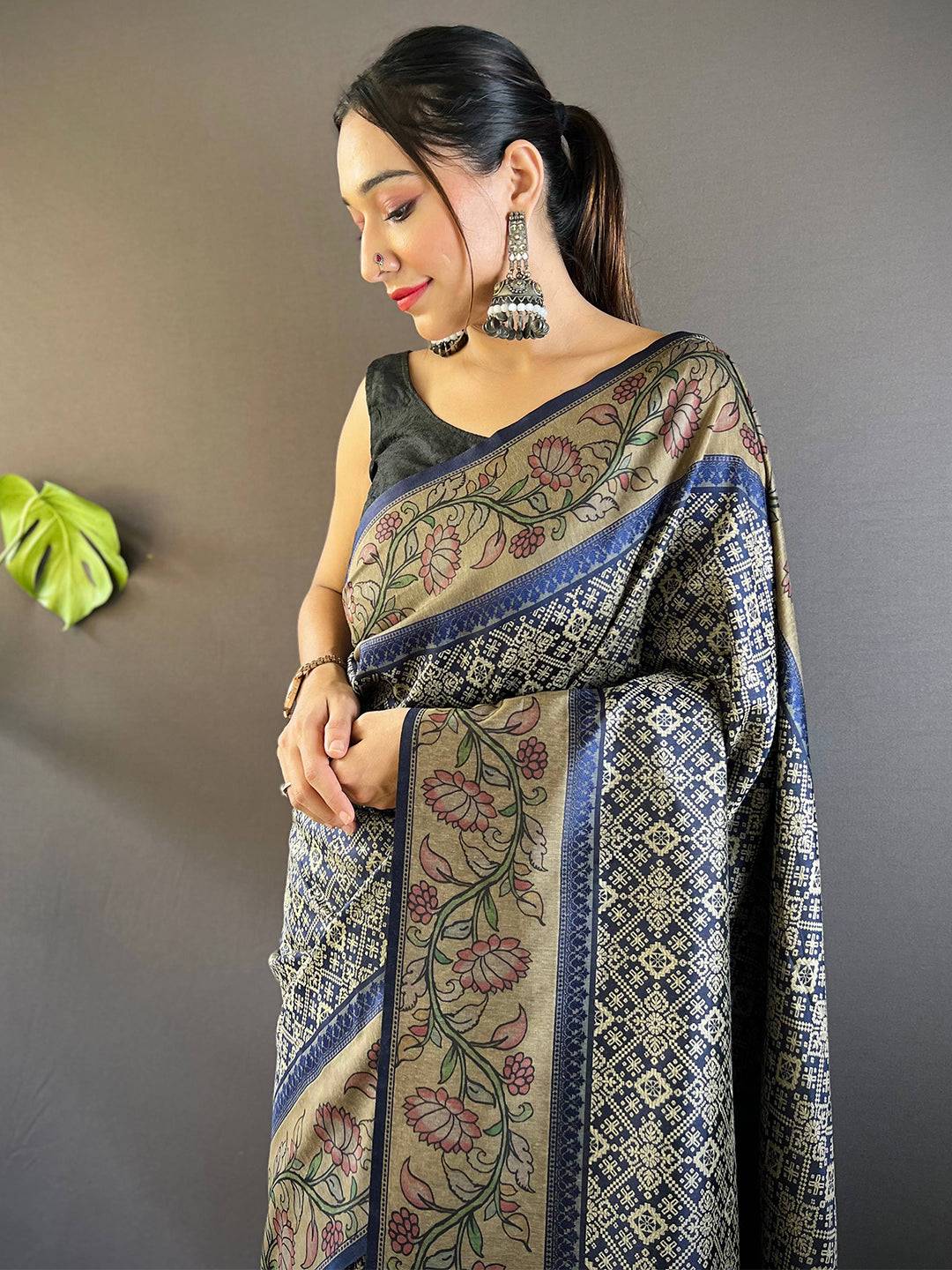 Navy Blue Patola And Kalamkari Fusion Saree