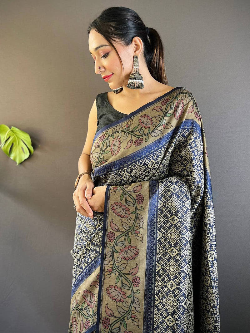 Navy Blue Patola And Kalamkari Fusion Saree