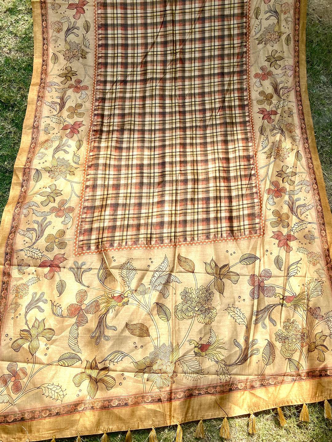 Olive Colour Tussar Silk Saree With Flower Kalamkari & Chex Motifs