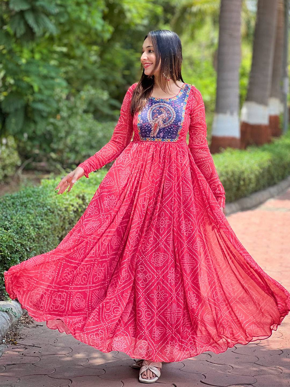 Elegant Cherry Red Bandhej Dress flowing design
