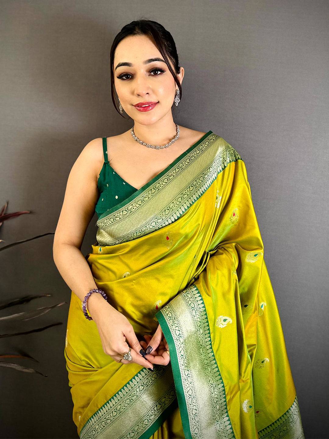 Lime Yellow Heritage Gadwal Silk Saree