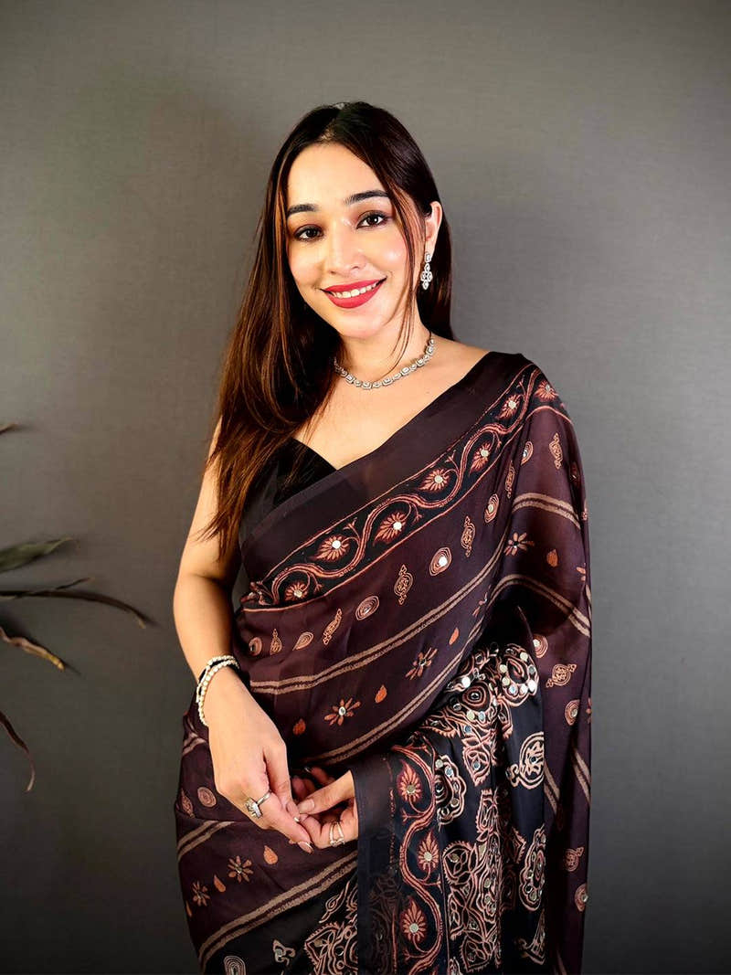 Coffee Brown Soft Georgette Printed Saree