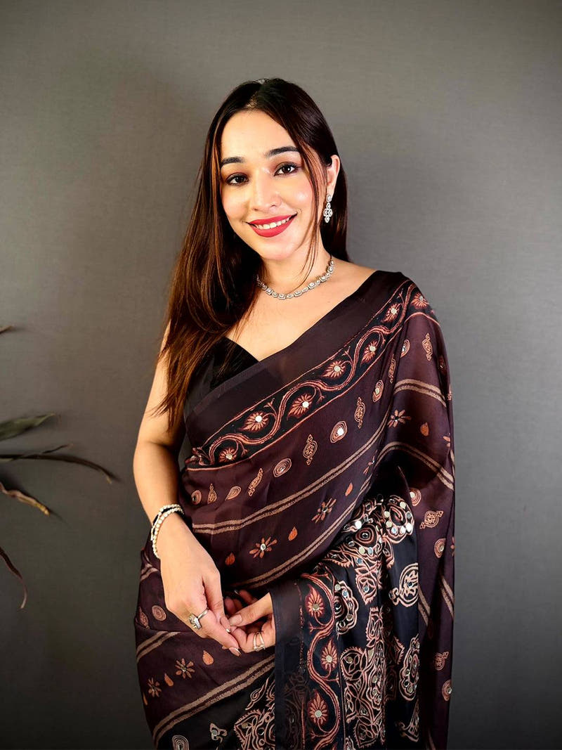 Coffee Brown Soft Georgette Printed Saree
