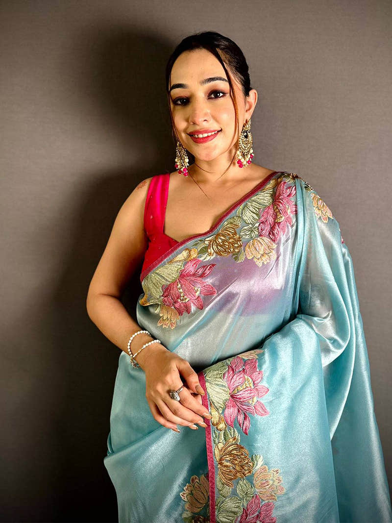 Sky Blue Silky Tissue Resham Border Saree