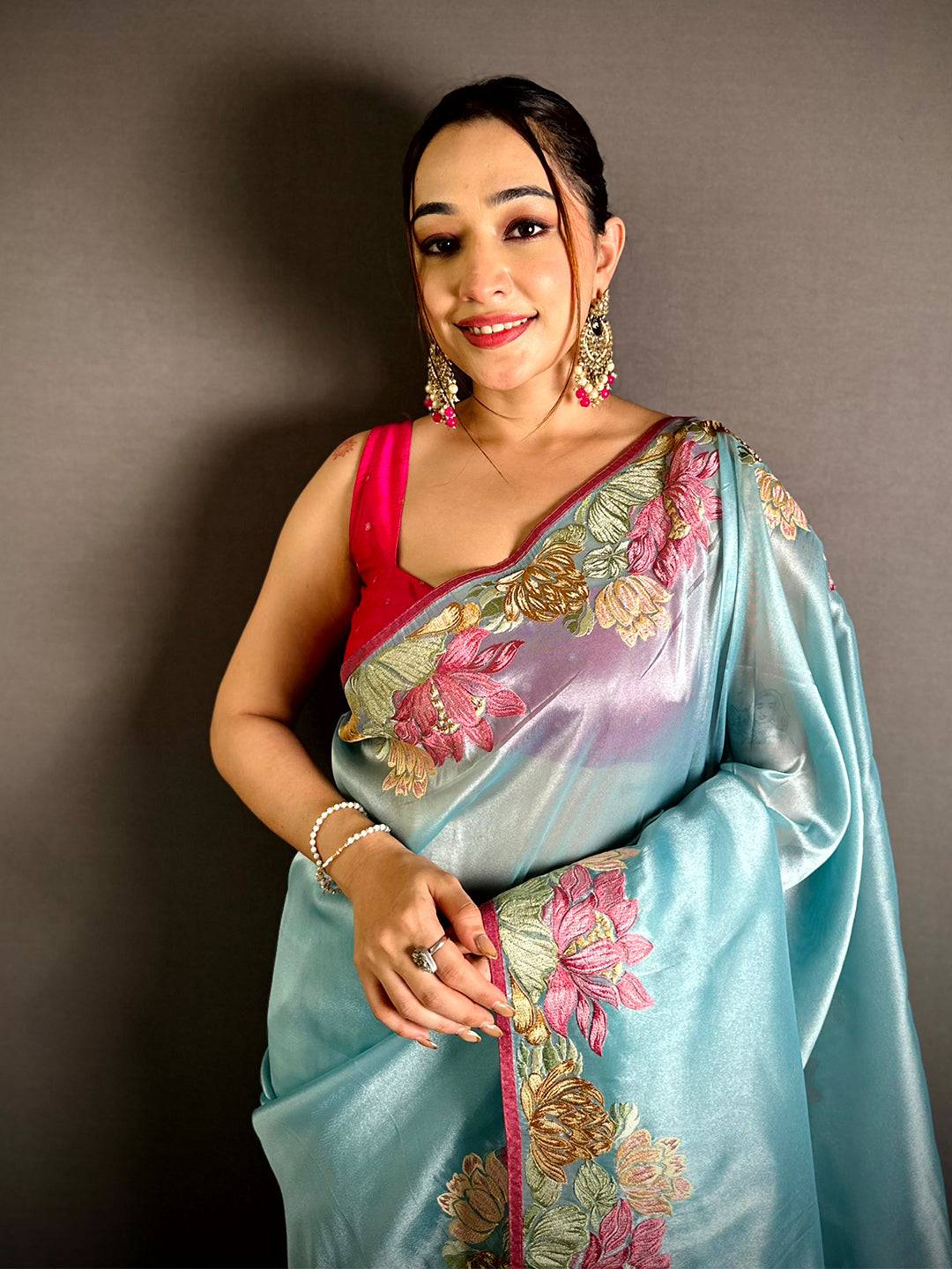 Sky Blue Silky Tissue Resham Border Saree