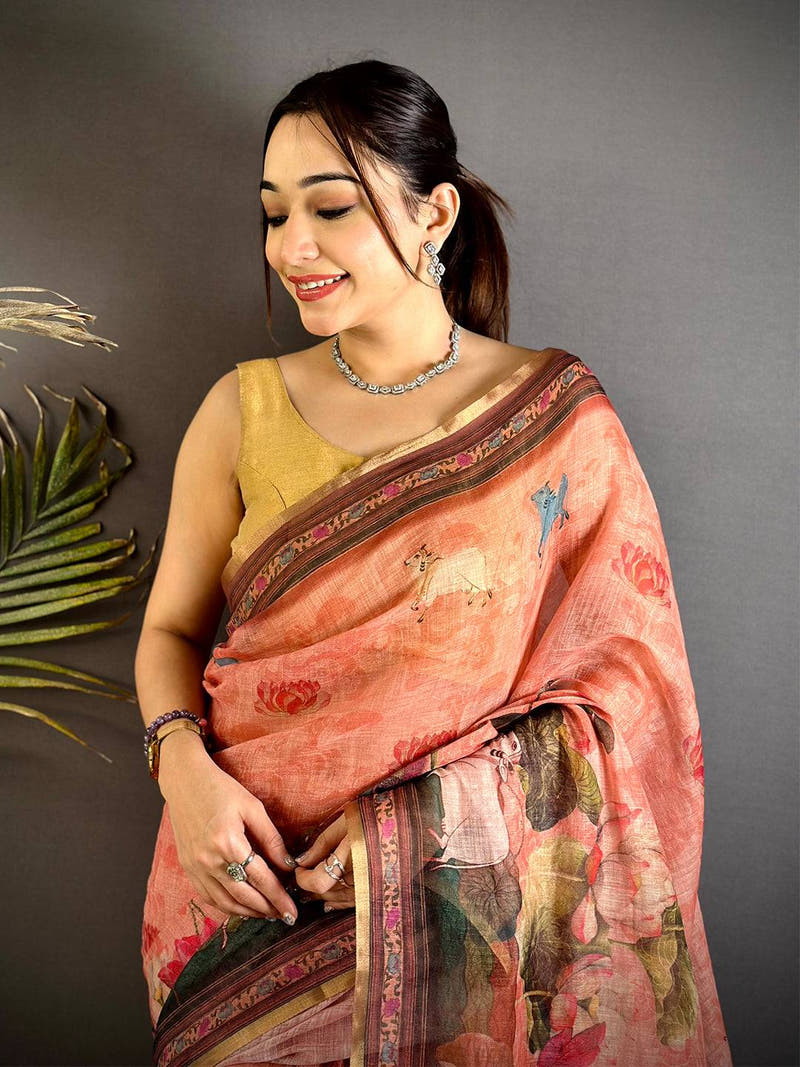 Peach Pichwai Kalamkari Linen Saree