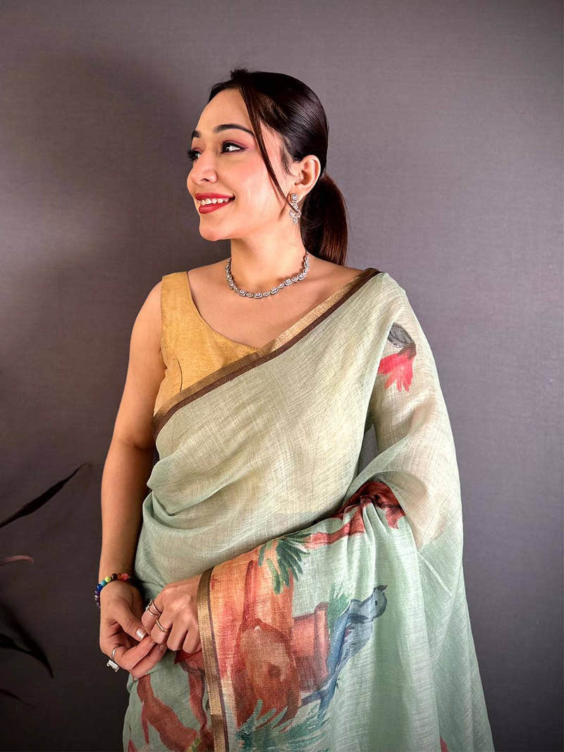 Mint Green Animal Print Linen Chanderi Saree